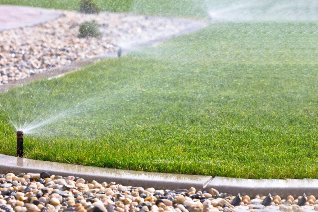 Lawn sprinkler system watering green grass in landscaped yard with decorative rocks, highlighting irrigation services by Core Landscape in Phoenix, AZ.