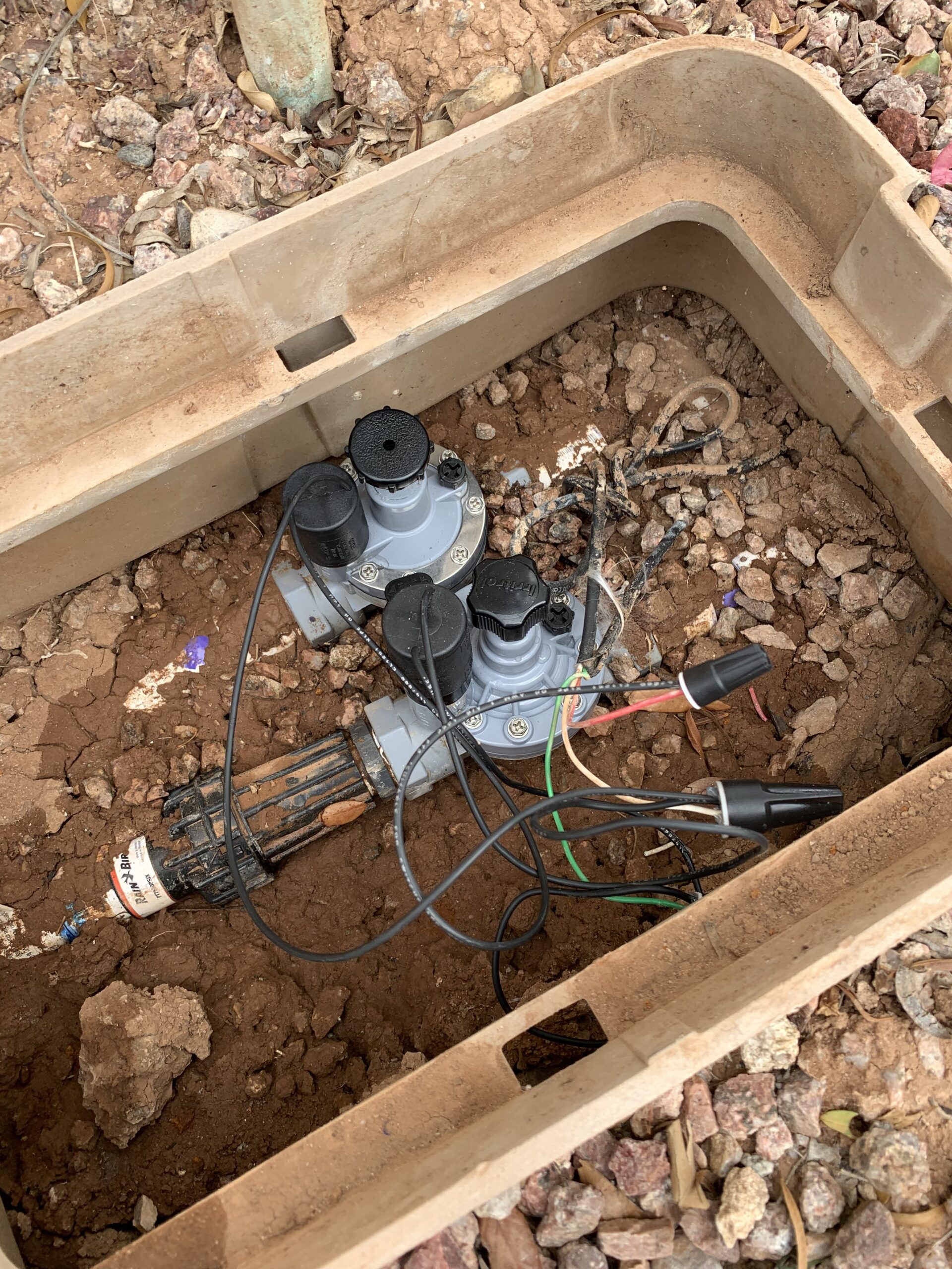 Sprinkler valve components in a valve box, showcasing wires, solenoids, and soil, relevant to sprinkler valve repair and replacement services in Phoenix, AZ.